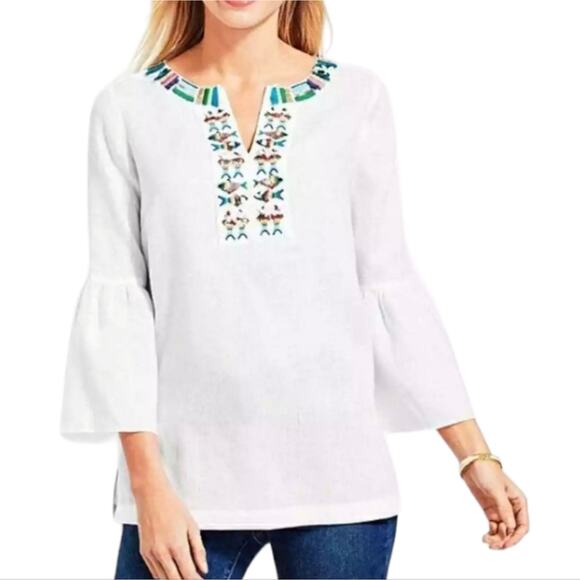 Talbots women's linen fish‎ sequin embroidered popover top Small boho vacation - Picture 1 of 11